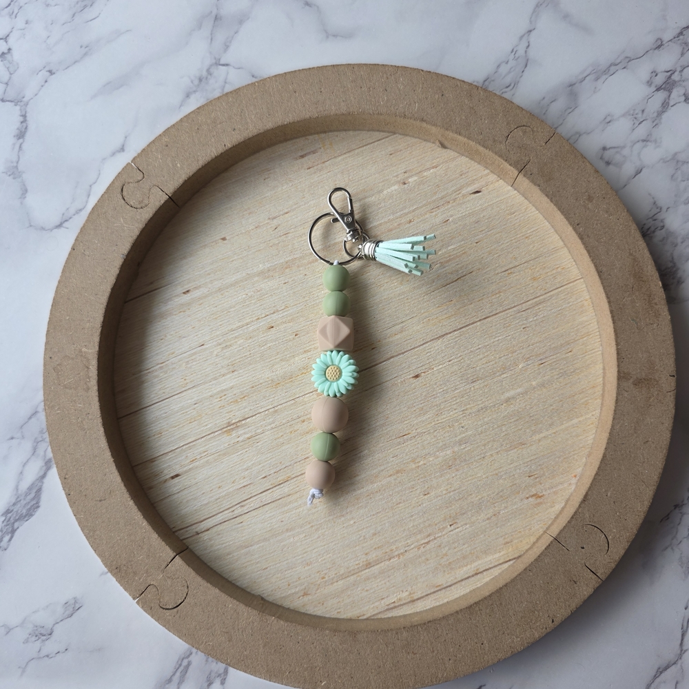 Mint and Beige Beaded Keychain with Flower Charm